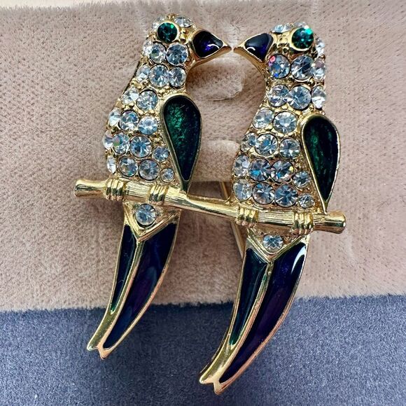 Erwin Pearl Jewelry - Vtg Erwin Pearl Parrot Brooch for Saks Fifth Ave Rhinestone Enamel Lovebirds Pin